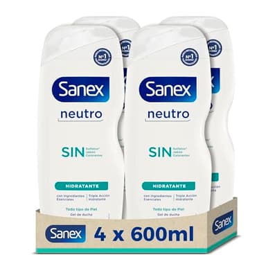 Sanex Gel de Ducha Neutro Hidratante (4x600 ml), con ingredientes esenciales, 0% sulfatos*, 0% jabón y 0% colorantes, para todo tipo de piel, hidratación duradera, tecnología triple acción