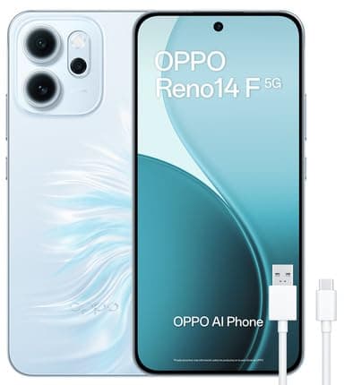OPPO Reno14 F 5G – Smartphone Libre con IA, 8GB RAM + 256GB, Cámara Triple 50MP, Batería 6000mAh, Carga Rápida 45W, Pantalla AMOLED 120Hz, IP69, Dual SIM, Android, Versión Española - Opal Blue