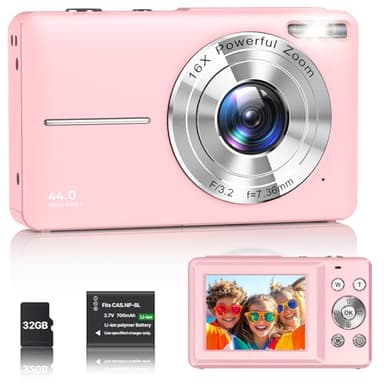 Cámara Digital 1080P Cámara de Fotos HD 44MP Cámara Digital Compacta con Pantalla LCD de 2,4 Pulgadas, Zoom Digital 16X, Tarjeta de Memoria Micro de 32G, 1 Batería para Niños, Adolescentes - Rose