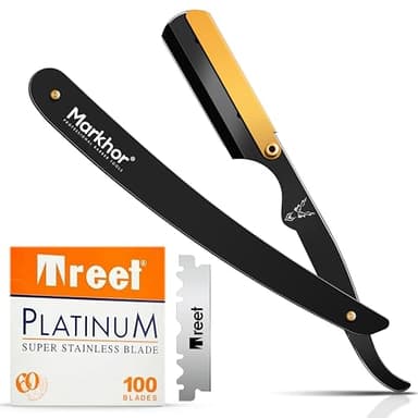MARKHOR Navaja Afeitar Profesional Para Hombre Con 100 Cuchillas De Afeitar, Negro Mate Con Baño De Oro 24K, Navaja De Afeitar Barbero Clásica, Kit Barba Premium