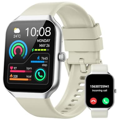 Reloj Inteligente Mujer Hombre, 1.96" Smartwatch con Llamada Bluetooth, Pulsómetro/Monitor de Sueño/Podómetro, 113+ Modos Deportivos, Pulsera de Actividad Impermeable IP68 para Android iOS Beige