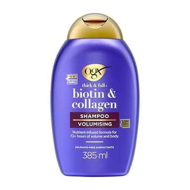 OGX Biotin & Collagen Thick & Full+ Shampoo (385 ml), champú voluminizador de biotina y colágeno, con tensioactivos sin sulfatos, texturizador de cabello con 72 h de volumen