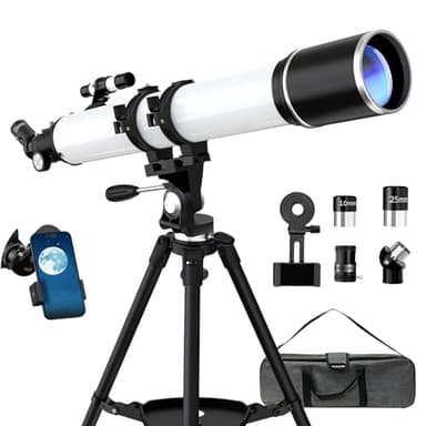 Telescopio, 90 mm Apertura 900 mm Telescopio Astronómico Profesional para Adultos Principiantes, Telescopio Refractor Portátil con Trípode,Teléfono Adaptador, Bolsa (Blanco)
