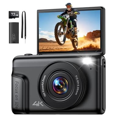 4K Digital Camara de Fotos Compacta: 64MP Profesional Video Cámara con 16X Zoom IPS Pantalla Abatible - Regalo para Principiantes Adultos - Baratas Vlog Camera Niño Niña