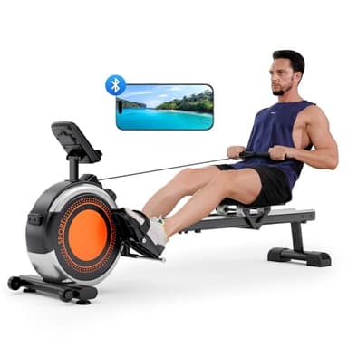 Dripex Máquina de Remo Silenciosa para Casa, 16 Niveles de Resistencia, Rieles Dobles Estables, Pantalla LCD, Soporta hasta 158 kg, Conexión Bluetooth con App, Ideal para Fitness en Casa (Naranja)