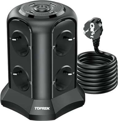 TOPREK Torre Regletas Enchufes 4000W/16A, 8 Enchufes Schuko y 2 USB A y 2 USB C (USB C1 20W PD3.0 Carga Rapida), con Interruptor, Cable 2M, Proteccion Sobretension, Negro