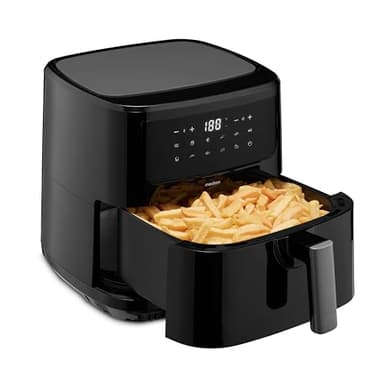 MEDION Freidora de aire caliente P10 XL (Air Fryer, cesta de freír XXL de 6,8 litros, 2.150 vatios, dos resistencias de acero inoxidable, 9 programas automáticos, panel de control táctil) negro