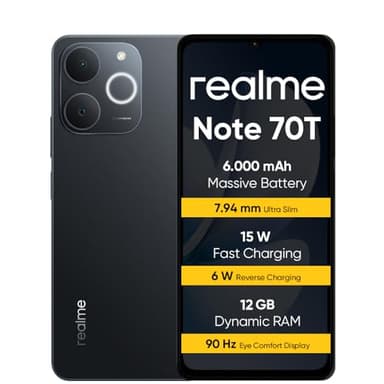 realme Teléfono Móvil Note 70T 4+64 GB, Gran batería de 6000 mAh, Carga rápida de 15 W con Carga inversa de 6 W, RAM dinámica de 24 GB, Pantalla con Modo de Comodidad Ocular de 90 Hz, Negro
