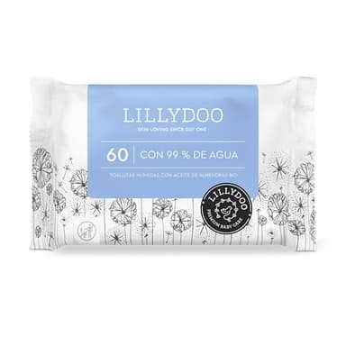 Toallitas húmedas para bebés LILLYDOO con un 99% de agua, 60 unidades, 100% libres de plástico sin perfumes y tan suave como el algodón y el agua