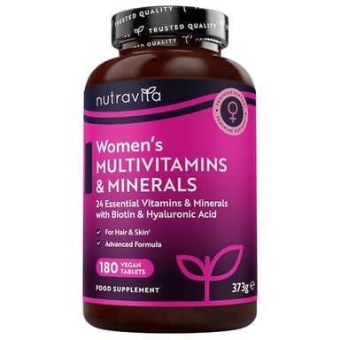 Nutravita Multivitaminas y Minerales Veganas Para Mujer - 24 Vitaminas y Minerales Activos Esenciales que Incluyen Biotina y Ácido Hialurónico - 180 Tabletas Veganas