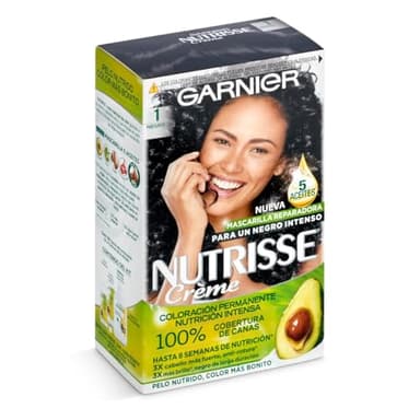 Garnier Nutrisse Creme Coloración Nutritiva Permanente, Tinte 100% Cobertura de Canas con Mascarilla Nutritiva de 4 Aceites - Tono 1 Negro