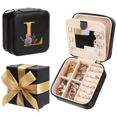 WALLFID Bow-Tied Gift Box,Joyero Viaje,Organizador Joyas con Espejo,Regalos Comunión Niña,Regalo Cumpleaños Mujer - Negro,para Relojes,Labiales,Pendientes,Collares (L)