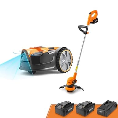 Lawnmaster OcuMow™ Robot cortacésped sin Cable perimetral y cortabordes à bateria, Corta de 200 a 300 m² de césped con 2 baterias Completamente cargadas Evitaciόn obstáculos, bajo Nivel de Ruido