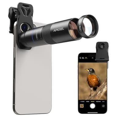 APEXEL Teleobjetivo Compacto de 10 x para Smartphone y Objetivo Macro de 200 mm con Clip Universal, Objetivo Profesional FMC ED, Adecuado para iPhone 17/16/15..., Samsung, Pixel y Otros Smartphones