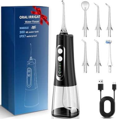 ETELIAR Irrigador Bucal Portatil, Irrigador Dental Inalámbrico Profesional 6 Boquillas 6 Modos, IPX7 Impermeable 300ML USB-C Recargable Para Limpieza Dientes, Para el Hogar y los Viajes