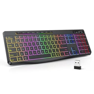 TECURS Teclado Gaming inalámbrico- Teclado QWERTY Silencioso, Ergonómico, Impermeable, 2.4Ghz LED Retroiluminado, Anti-Ghosting, Full-Size Avec Multimédia para PC/Ordenador/Mac/Windows