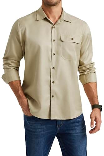 Enlision Camisas Hombre Manga Larga Casual Camisa de Algodón No Plancha para Hombre con Bolsillo Regular Fit Beige XL