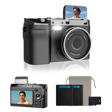 fceoul Cámara Digital 4K 64MP, Cámara Compacta Retro con Doble Pantalla y Flash, Batería de Larga Duración, Zoom 16X, Cámara de Fotos para Vlogging con Múltiples Modos (Tarjeta SD 32GB)