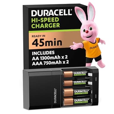 Duracell Cargador de batería recargables CEF27 de carga super rápida en 45 minutos, incluye 2 AA + 2 AAA