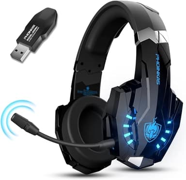 PHOINIKAS Auriculares Gaming Inalámbricos para PS4/PS5/PC, Adaptador USB y Tipo C, Micrófono con Cancelación de Ruido Desmontable, Estéreo 7.1, 30 Horas, Luces LED (Azul)