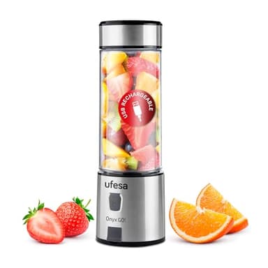 Ufesa Onyx Go! Batidora Portátil Recargable, Carga por USB, Hasta 20 Usos por Carga, Batería de 5100 mAh, Botella de Tritán de 400ml, Tapa Sport, Cuerpo y 6 Cuchillas de Acero Inoxidable