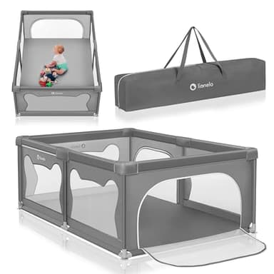 LIONELO Willow - Parque infantil, 0 – 48 meses, gran superficie 120x180x68 cm, con paredes de malla transpirable, 2 entradas laterales con cremallera, ideal para casa y jardín, fácil montar (Gris)