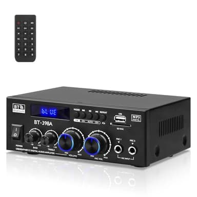 BT-398A Amplificadore Audio, Amplificadore Bluetooth 5.0 2.0 Canal 60W+60W Potencia Nominal Mini Altavoces Amplificadores de Sonido Digital FM Radio USB SD Card para Home Theater Sistema de Audio