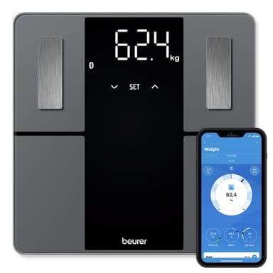 Beurer BF 500 Super Black Edition Báscula diagnóstica con Bluetooth, báscula corporal digital conectada con el móvil vía app, análisis de los valores corporales, pantalla extra grande