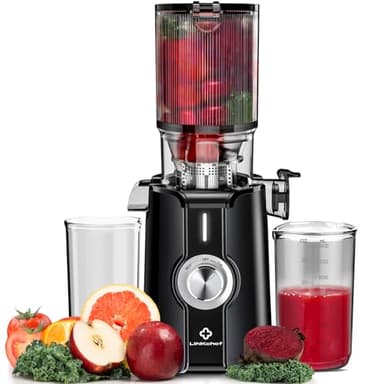 Limpieza Rápida Licuadora Prensado en Frio, Sin Preparación 115mm Slow Juicer, LINKChef Extractor de Jugos Verduras y Frutas Enteras de Prensado en Frio, Fácil de Limpiar, 1.2L, 200w, Ferroso