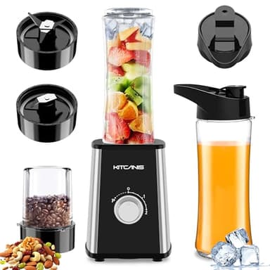 KITCANIS Mezclador de batidos de 800 W, licuadora multifuncional 3 en 1 con 3 velocidades ajustables, botella portátil de 600 ml y taza de molienda de 300 ml para hielo, frutas, verduras, nueces, sin