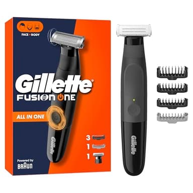 Gillette Fusion One Recortadora De Barba Y Afeitadora Corporal, Barbero Todo En Uno Para Cara Y Cuerpo, Cabezal Pivotante, 4 Peines, Resistente Al Agua, Inalámbrica, 45 Min De Uso, Recorta y Afeita