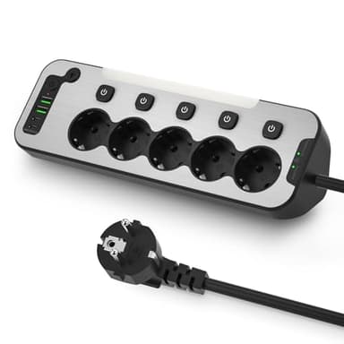 Regleta Enchufes Proteccion Sobretension,Enchufe Multiple USB C de Escritorio,Ladron Enchufes con Interruptor,Metal Regleta Esquina con Luz Nocturna,5 Tomas de Mesa para Cocina Oficina,2M Cable,Negro