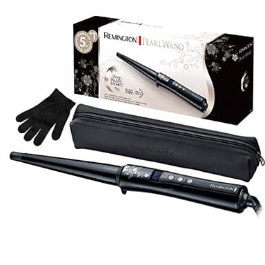 Remington Rizador Pelo Ondas cónico 13-25 mm Pearl revestimiento cerámico con perlas pantalla LCD 130-210 °C, guante resistente al calor, rizos naturales, rizos en espiral y ondas playeras, CI951