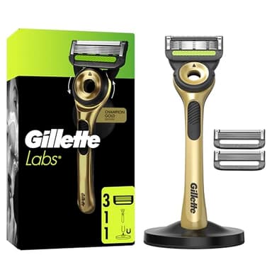 GilletteLabs Maquinilla De Afeitar Champion Gold Edition Con Recambios, 1 Mango Con Barra Exfoliante Integrada, 3 Cuchillas Con Banda Lubricante, 1 Soporte Magnético