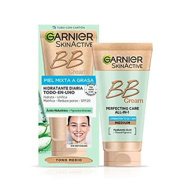 Garnier BB Cream Matificante Para Pieles Mixtas A Grasas FPS 25 con [Ácido Hialuróico + Extracto De Aloe Vera + Pigmentos Minerales] Hidrata, Unifica, Corrige E Ilumina Piel 50 Ml- Tono Medio