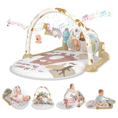 KalaDuck Gimnasio Bebé Montessori 0-6 Meses, Manta Juegos Bebe con Musical de Piano Ajustable y Sonajero, Tapete de Actividades para Caminar, Juguetes Alfombra Sensorial Bebé 6-12 Meses (Marrón)