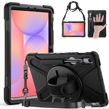 Gerutek Funda Anticaída para Samsung Galaxy Tab S10 FE 2025/Tab S10 Lite 10.9/Tab S9 FE/Tab S9 2023/Tab S8/S7 11", Carcasa Rugosa con Soporte 360° Giratorio, Correa de Mano/Hombro, Portalápices, Negro