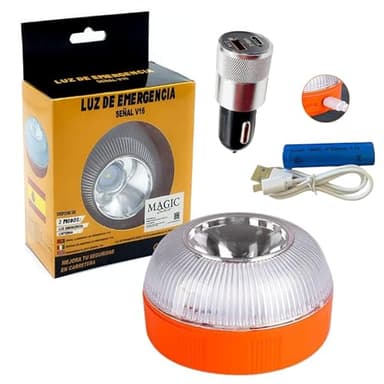 MAGIC SELECT Luz de Emergencia V16 con Cargador de Coche. para Señalización en Carretera de Coche y Moto. Luz Intermitente y Fija con Encendido Automático, Base Imantada, Batería Recargable.