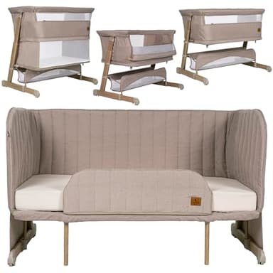 Olmitos – Cuna Bebe multifunción Colecho 4 en 1 Cama Infantil SOMNI evolutiva – Minicuna Convertible y Parque de Juegos 2 Niveles – Sofa Infantil Colchón viscoelástico 15cm con Barrera (Beige)
