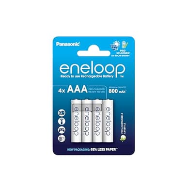 eneloop, Pilas Recargables AAA/Micro, Paquete de 4, Capacidad de mín. 800 mAh, Pilas Ni-MH, Listas para Usar, Recargables hasta 2000 Veces, Embalaje sin plástico, Standard, Blancas