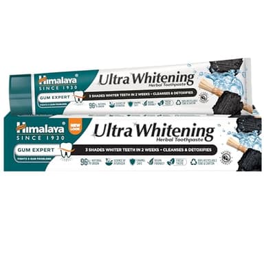 Himalaya Pasta de Dientes Ultra Whitening - Fórmula Herbal con Carbón Activado de Coco y Aceite de Semillas Negras, Sin Flúor, 100% Vegana, Limpia y Blanquea los Dientes en 3 Tonos, 75ml