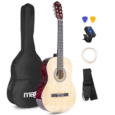 MAX SoloArt Guitarra clasica con cuerdas de nailon para Principiantes Adultos - guitarra flamenca con Funda, Afinador, Púa, Correa y Accesorios - Guitarra Española 4/4 en Madera Natural