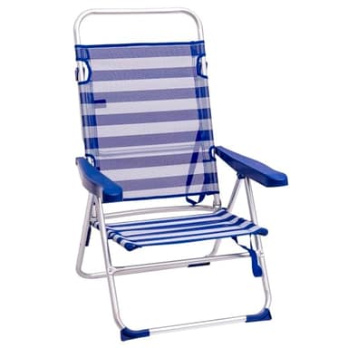 Silla de Playa Alta Plegable y reclinable de 4 Posiciones de Aluminio y textileno Azul y Blanco de 62x55x100 cm