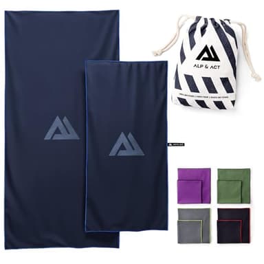 ALP & ACT Toallas de Microfibra Set de 2-100% recicladas - Extra COMPACTAS y ultraligeras - 150x70 cm + 100x50 cm - Toalla de Viaje, de Playa y para Deporte - Paños Incluye Bolsa - Azul Noche