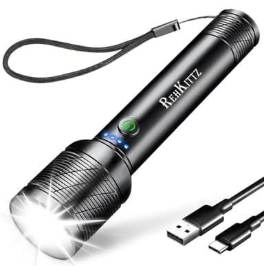 REHKITTZ Linterna LED Recargable Alta Potencia 2200 Lúmenes, Super Brillante(Batería Incorporada de Gran Capacidad)Linterna, con Indicador de Batería, 5 Modos, Enfoque Ajustable Flashlight (1 Piezas)