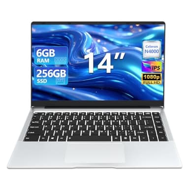 14 Pulgadas Ordenador Portátil Juegos N4000 Procesador, 6GB LPDDR4 RAM 256GB SSD, WIN 11 PC Portátil Ideales Para Trabajar y Estudiar, 180° Apertura cierre WiFi 2.4/5G USB3.0 HDMI Plata Laptop