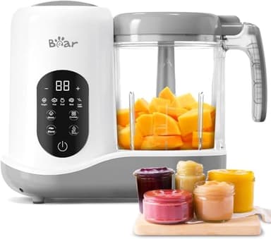 Bear Robot de cocina para Bebé,Batidora multifunción para Bebé 7 en 1,Cocina y Trocea Automáticamente,Función Autolimpieza,Control por pantalla táctil,Blanco