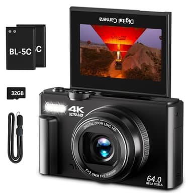 Cámara digital 4K para fotografía, cámara de vlogging de 64 MP para YouTube con pantalla abatible de 3 pulgadas y 180°, cámara digital de zoom de 18X y cámara de disparo con tarjeta micro SD de 32 GB