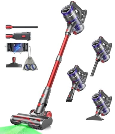 VACTechPro 48000Pa/70Min Aspiradora sin Cable, 1.6L Escoba Aspirador sin Cable con Filtración de 8 Capas, Súper Silencioso Aspirador Vertical con Cepillo Antienredos, Aspiradora para Suelos, Rojo