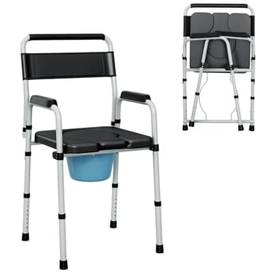 HOMCOM Silla WC Personas Mayores Plegable Silla con Inodoro con Altura Ajustable Cubo y Almohadillas Antideslizantes Carga 150 kg para Discapacitados Embarazadas Negro